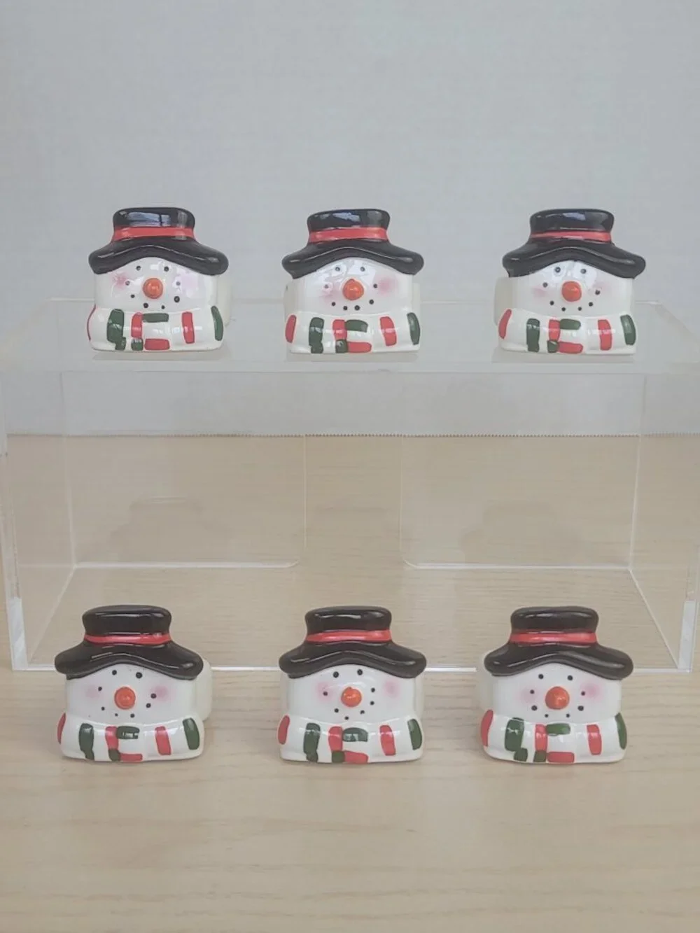 Vintage Ceramic Snowman Retro Holiday Table Decor Napkin Rings Set of 6